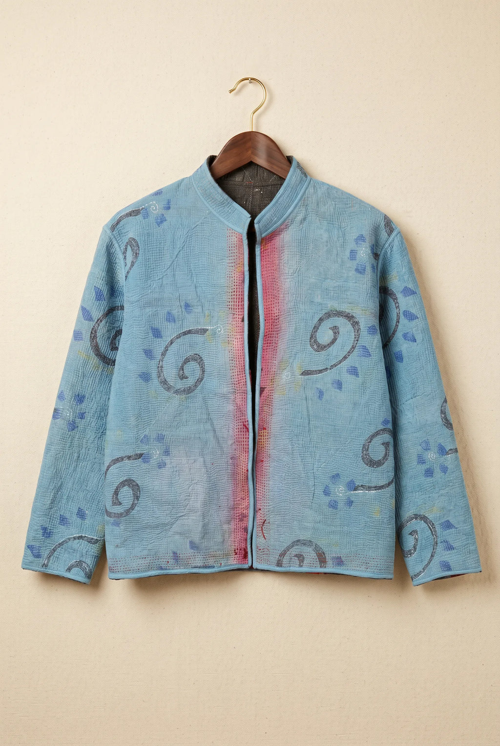 Pratima Indigo kantha jacket — front view, indigo-toned hand-embroidered upcycled fabric