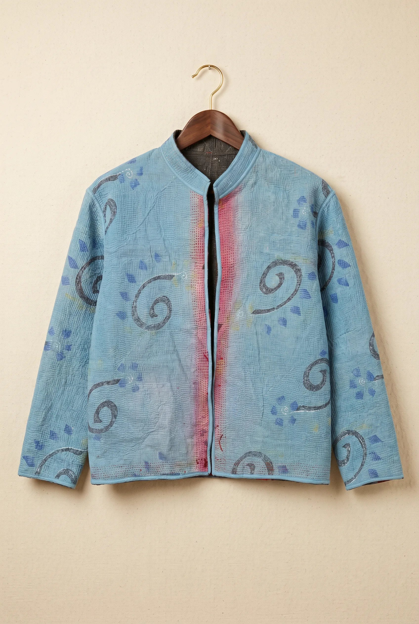 Pratima Indigo kantha jacket — front view, indigo-toned hand-embroidered upcycled fabric