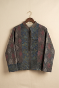 Pratima reversible kantha jacket — front view, hand-embroidered onto upcycled vintage fabric