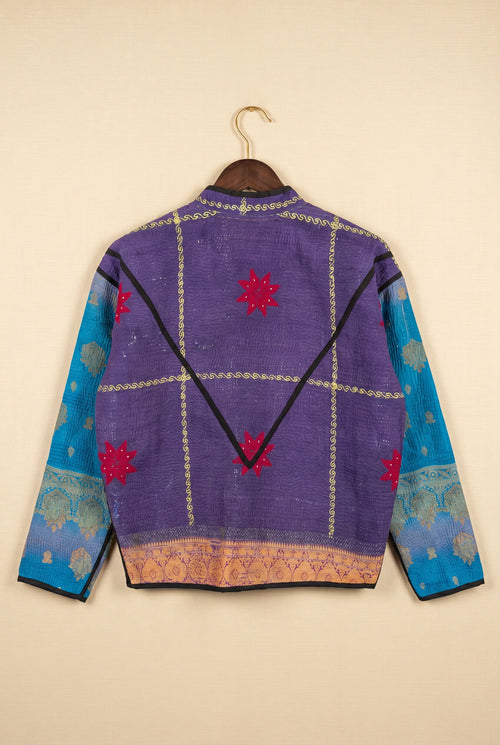 Bijji reversible kantha jacket — back view showing kantha embroidery on upcycled vintage fabric