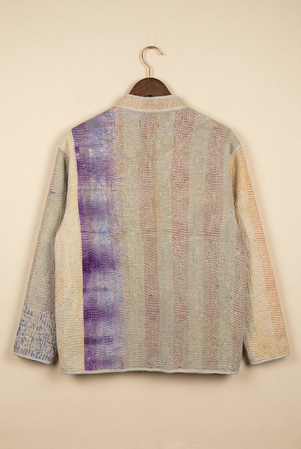 Pratima kantha jacket — back of reverse cream side with indigo panel, upcycled vintage fabric