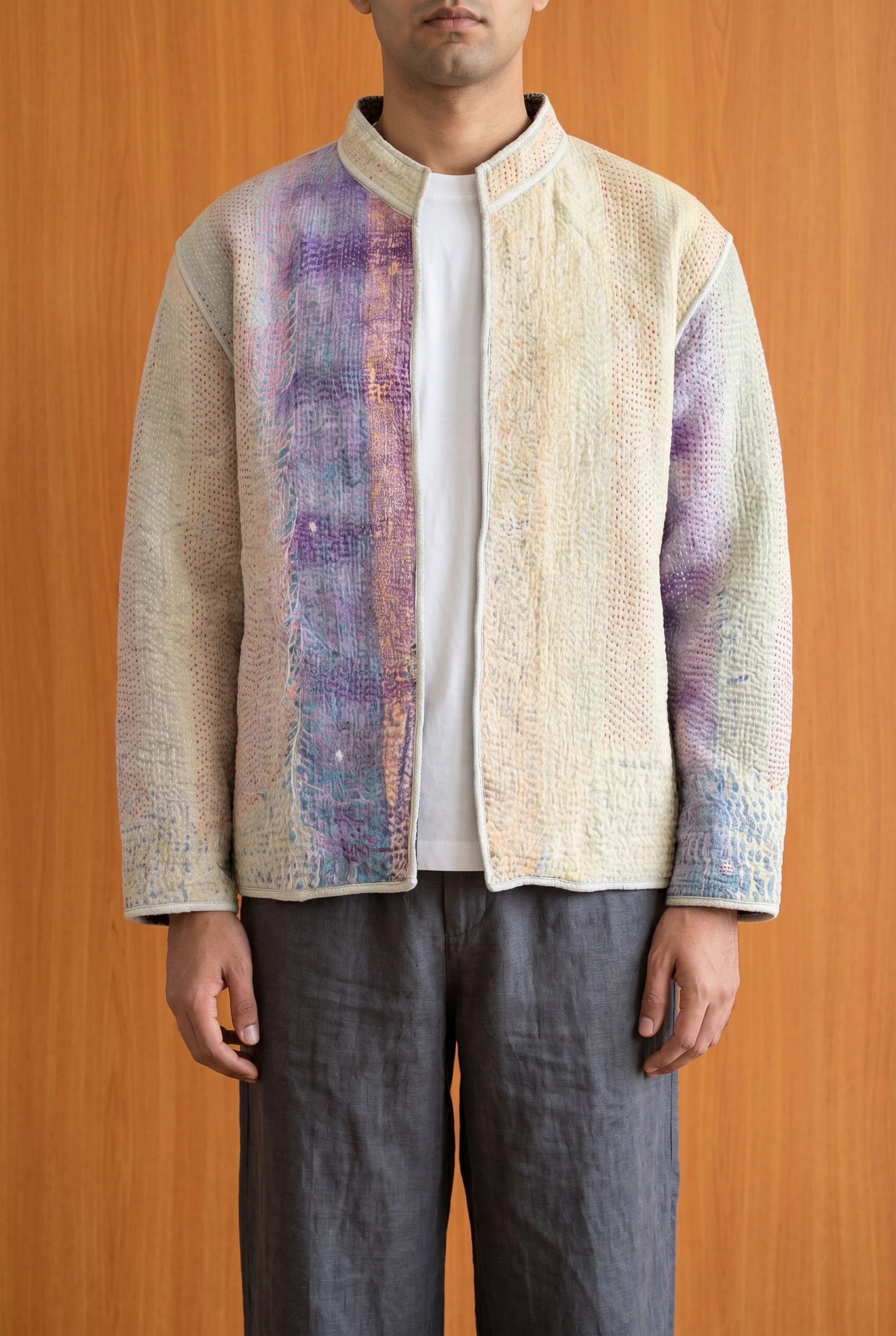 Model wearing Pratima jacket on reverse cream side — sustainable reversible Indian outerwear