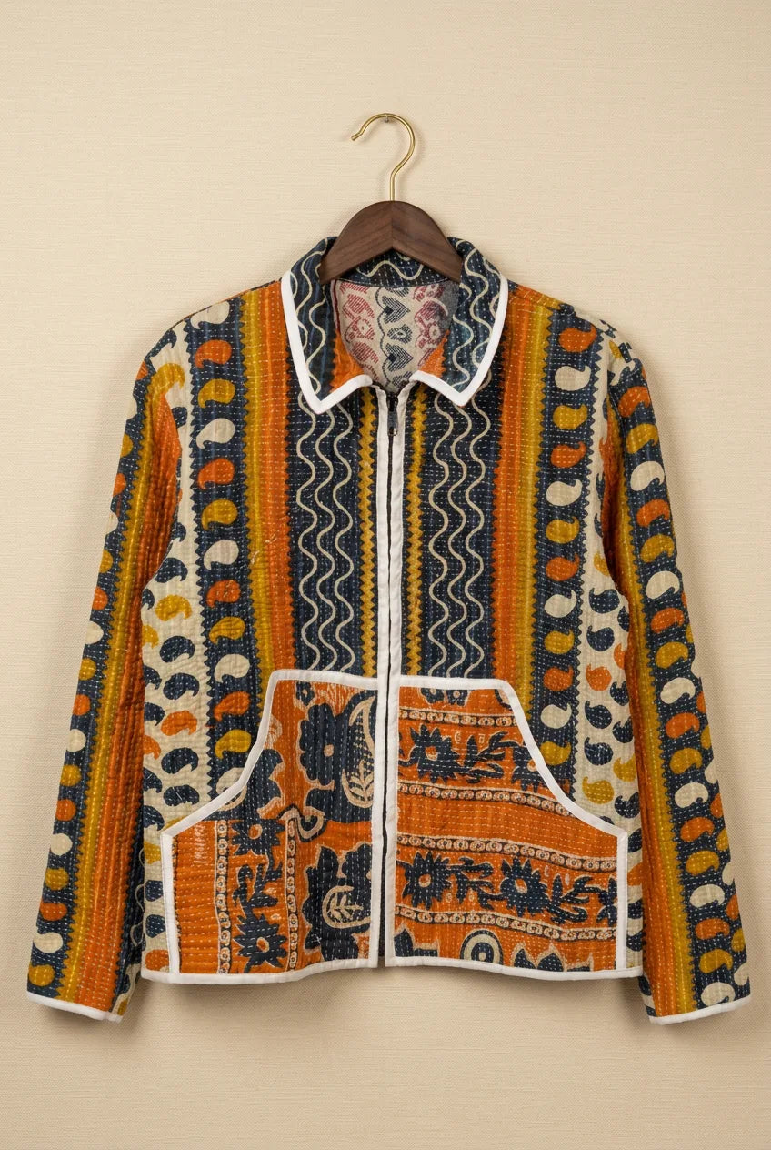 Kazi heavyweight kantha jacket — front view, multicolour folk embroidery on upcycled vintage fabric