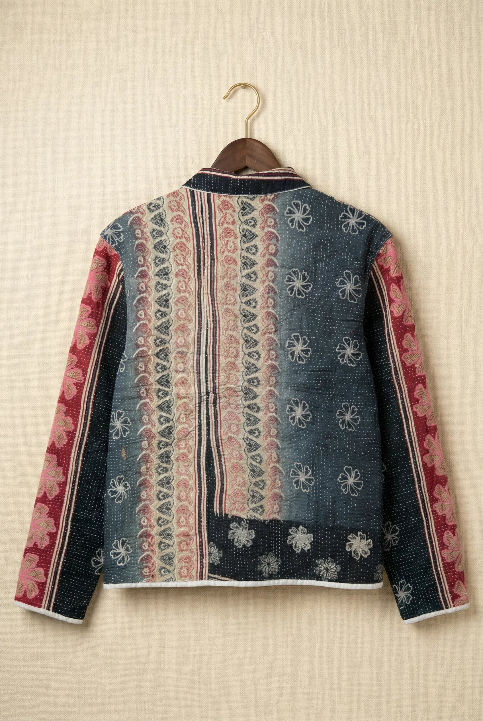 Kazi kantha jacket — back of floral reverse side, hand-stitched kantha on upcycled vintage fabric