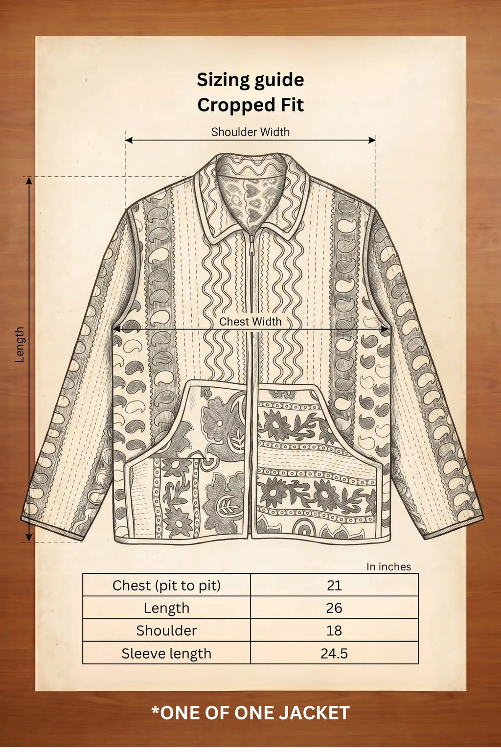 Kazi jacket sizing guide — cropped fit with measurements in inches