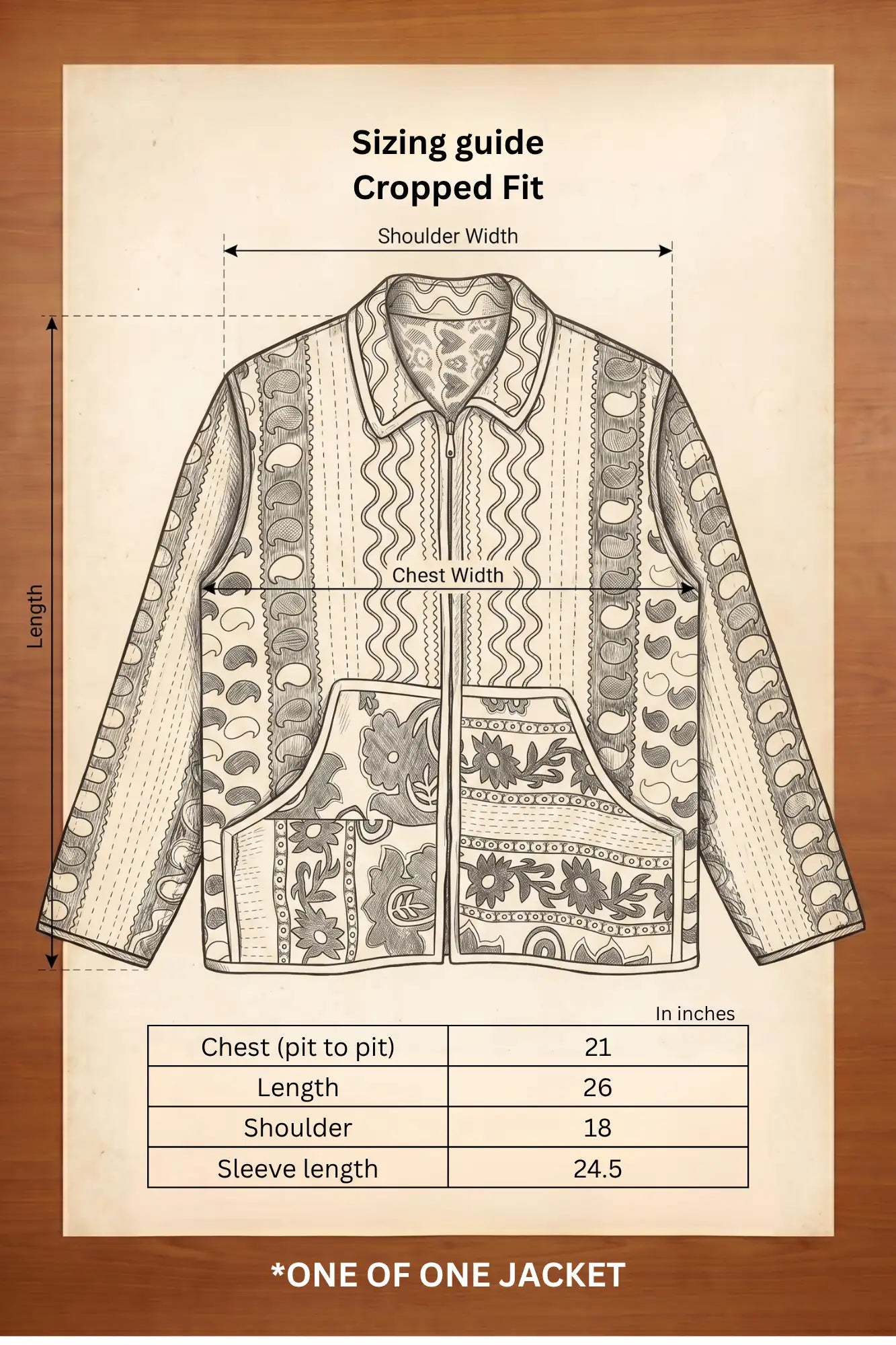 Kazi jacket sizing guide — cropped fit with measurements in inches