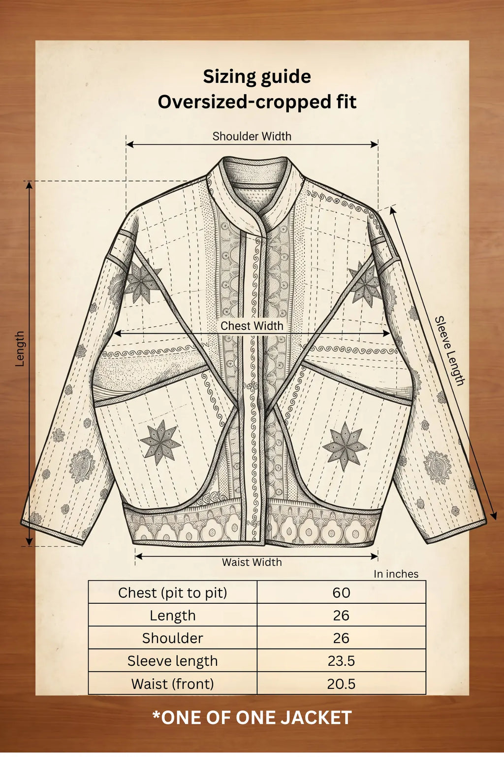 Bijji jacket sizing guide — oversized cropped fit with measurements in inches