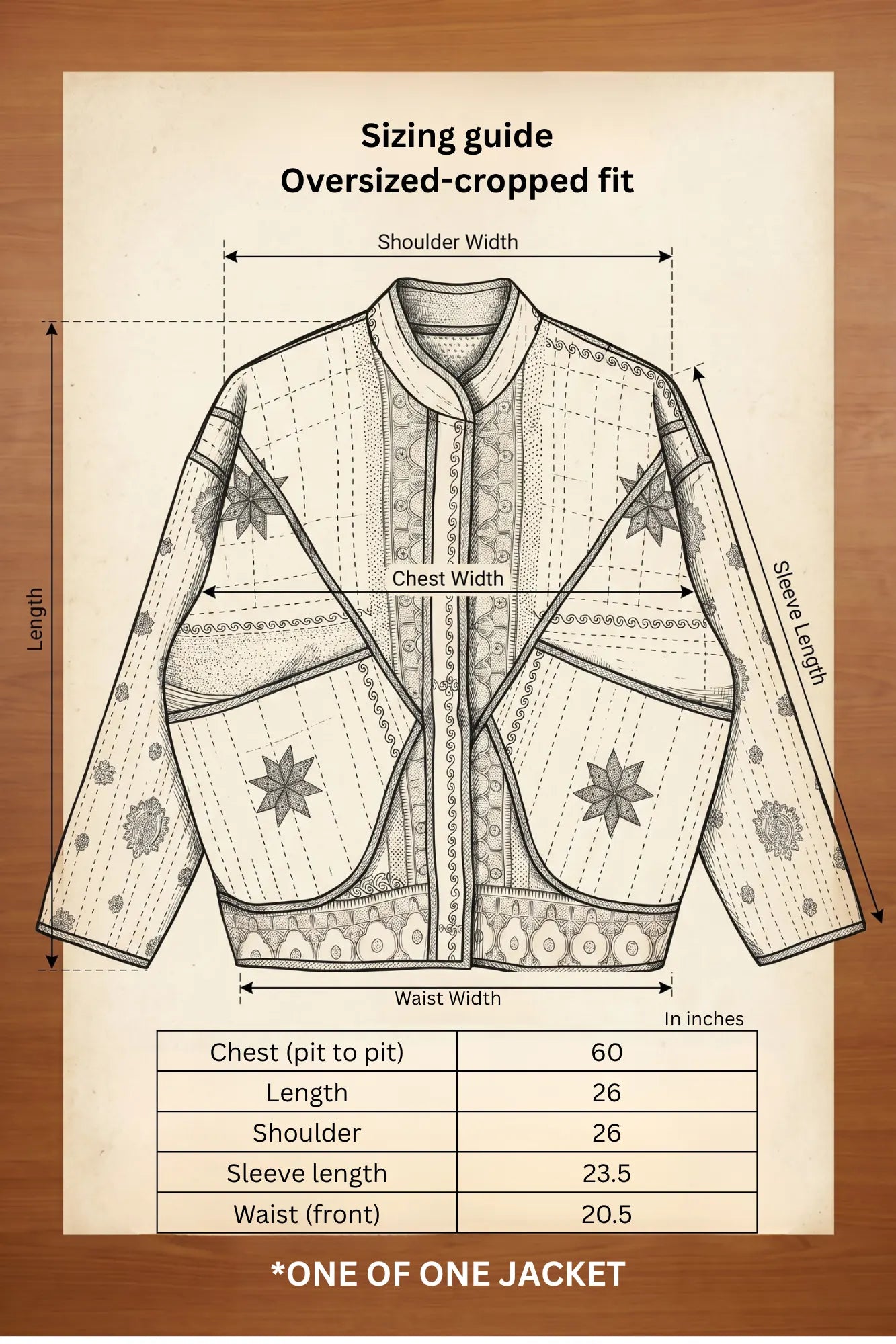 Bijji jacket sizing guide — oversized cropped fit with measurements in inches