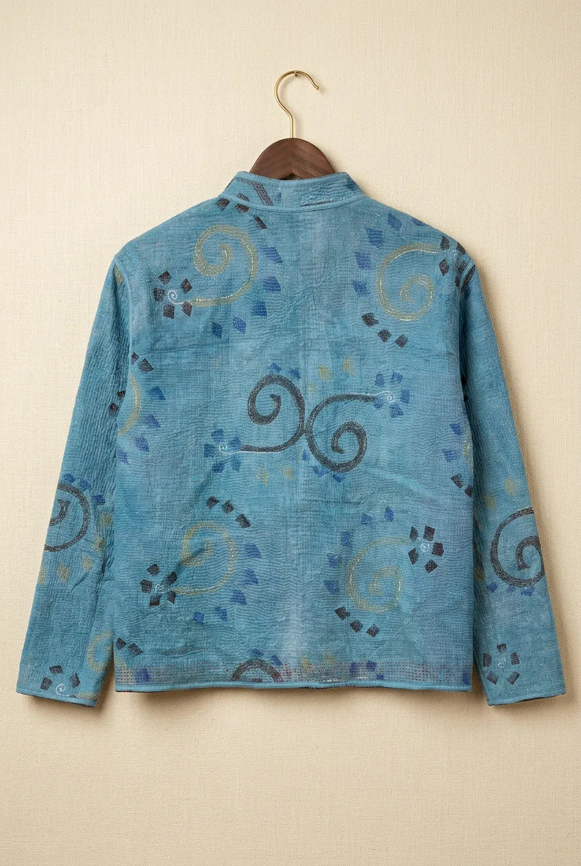 Pratima Indigo kantha jacket — back view of indigo hand-embroidered upcycled fabric