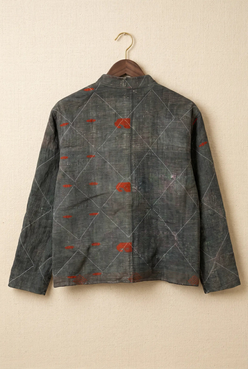 Pratima Indigo jacket — back of dark grey reverse side with kantha diamond stitching