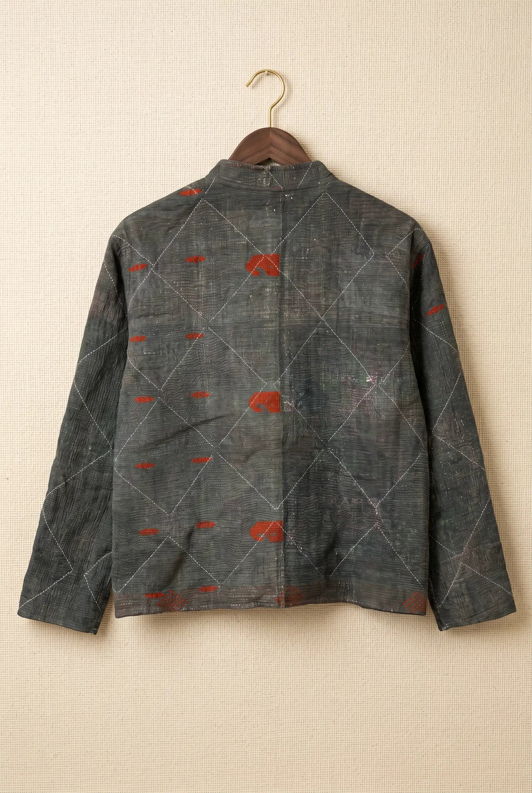 Pratima Indigo jacket — back of dark grey reverse side with kantha diamond stitching