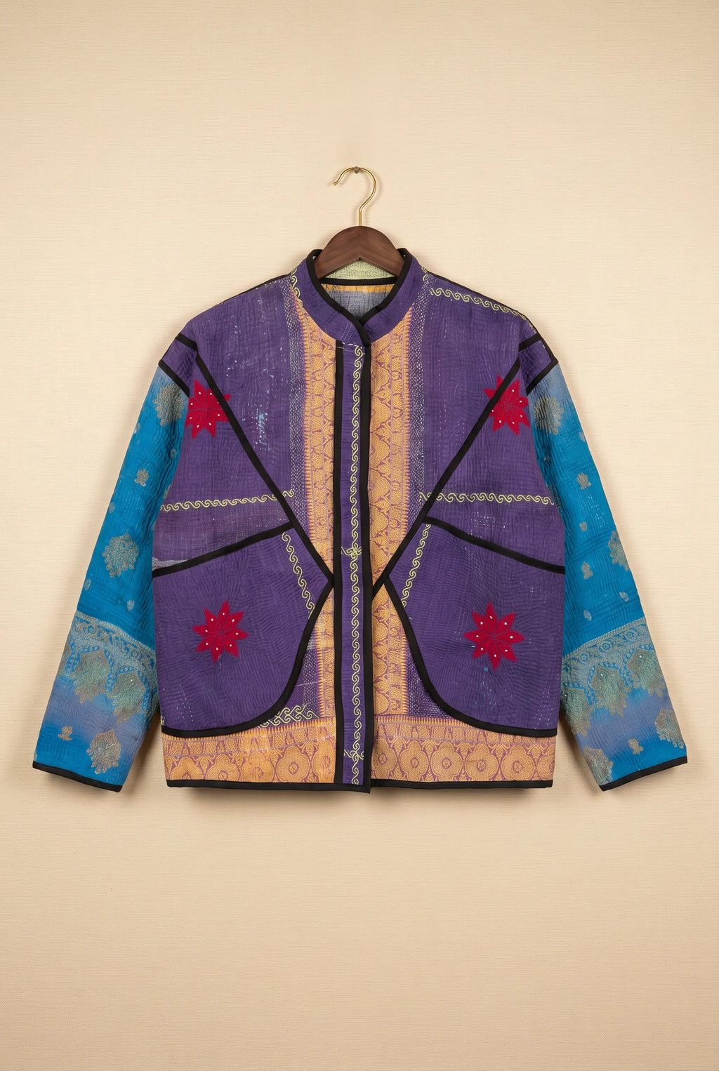 Bijji reversible kantha jacket — front view, hand-embroidered onto upcycled vintage fabric