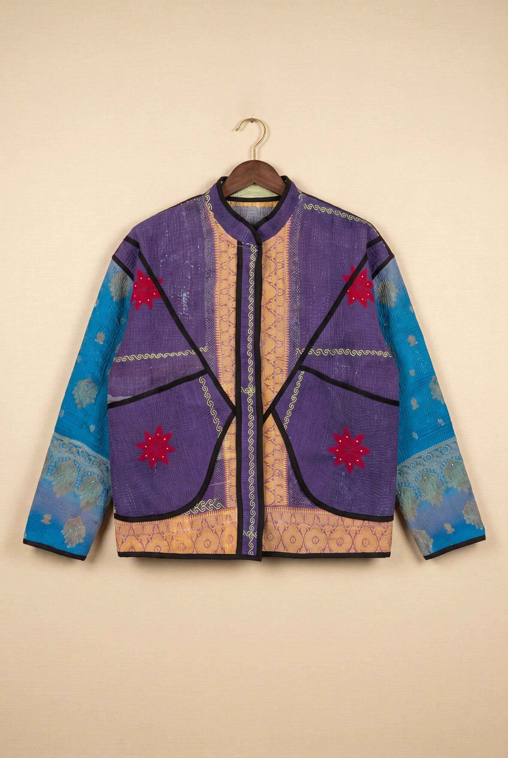 Bijji reversible kantha jacket — front view, hand-embroidered onto upcycled vintage fabric