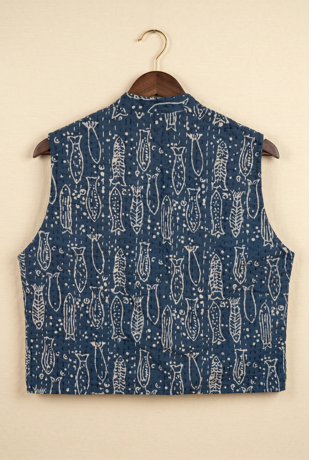 Pratima kantha vest — back view, hand-stitched fish motif block-print on upcycled Indian fabric