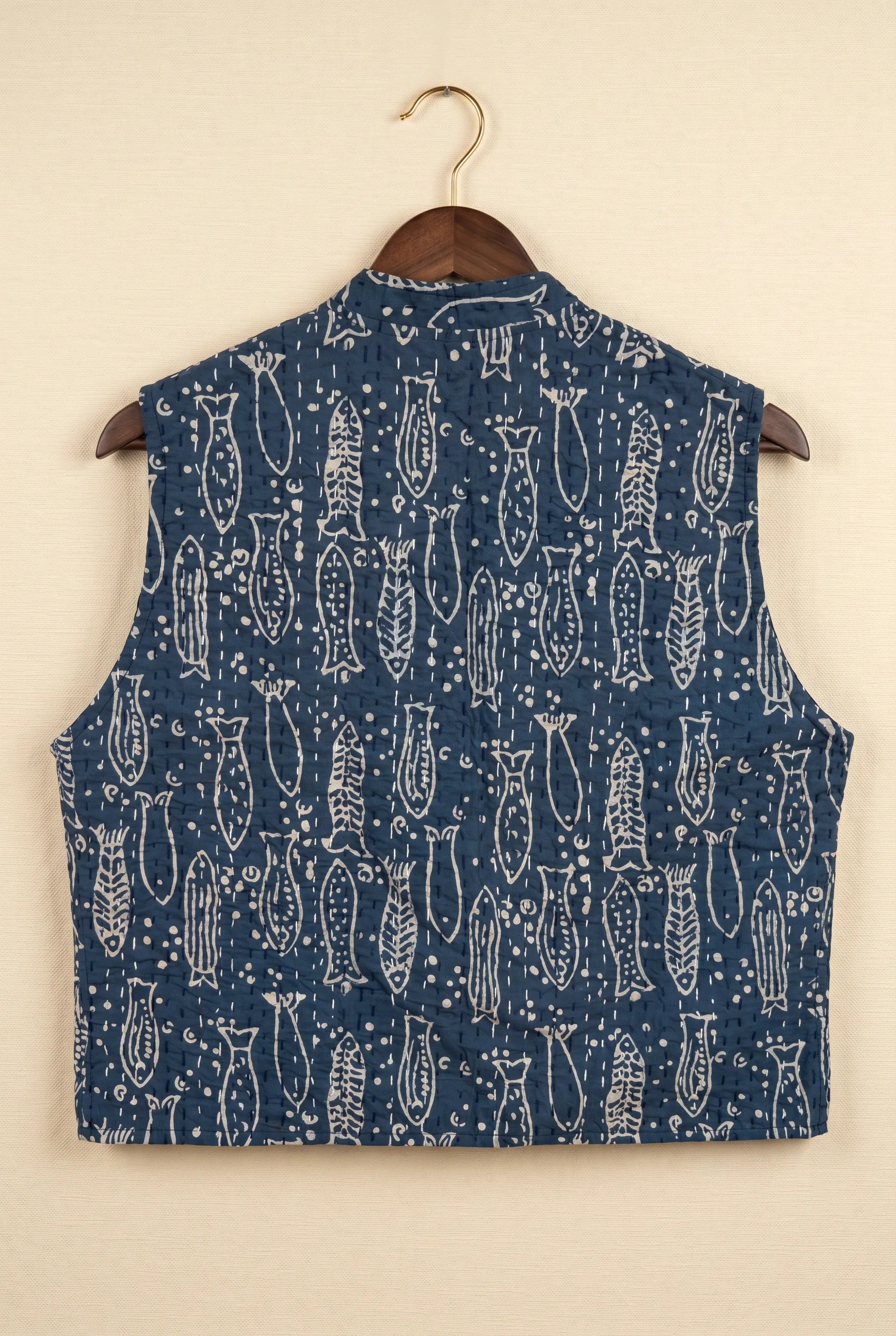 Pratima kantha vest — back view, hand-stitched fish motif block-print on upcycled Indian fabric