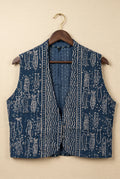 Pratima kantha vest — front view, hand-stitched sleeveless jacket in upcycled Indian fabric