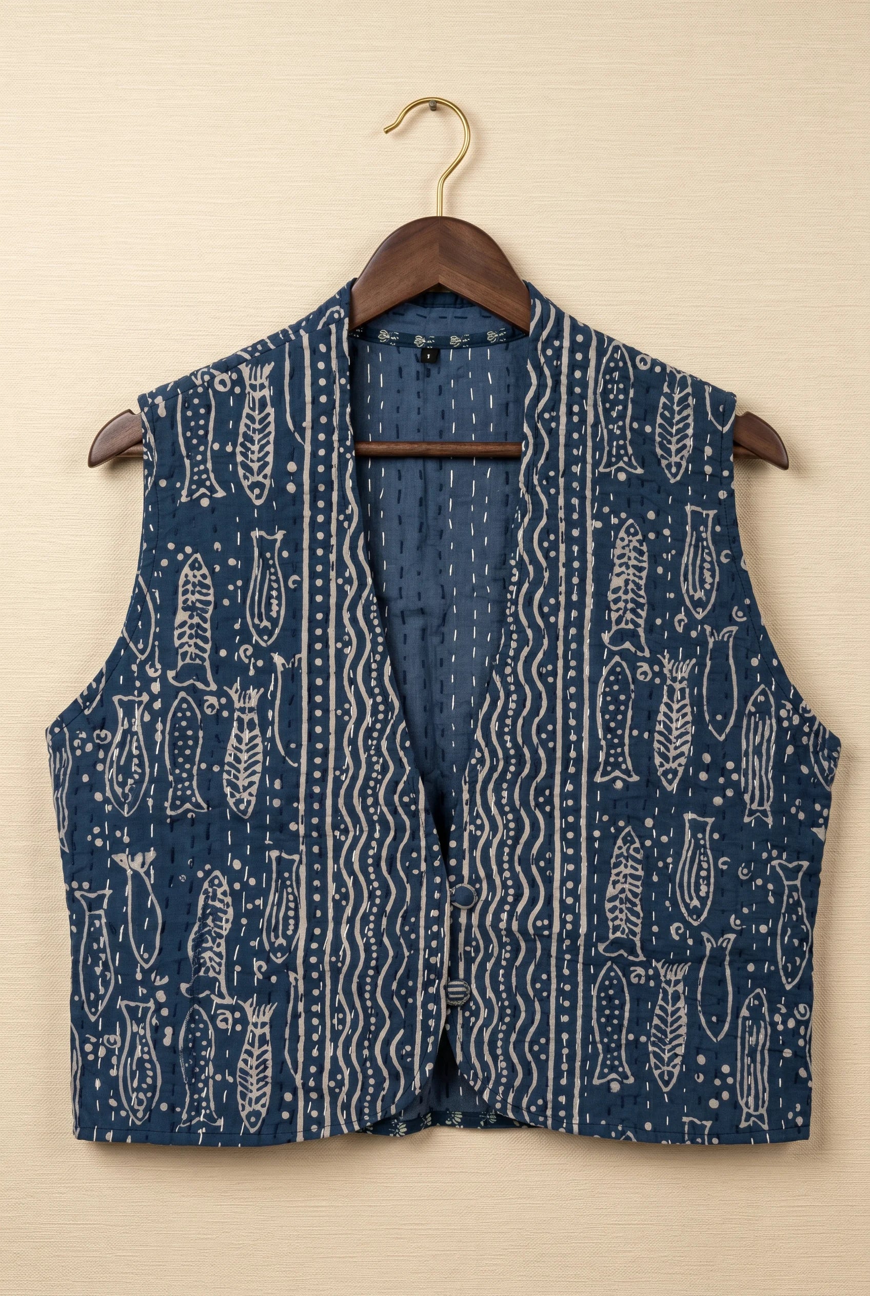 Pratima kantha vest — front view, hand-stitched sleeveless jacket in upcycled Indian fabric