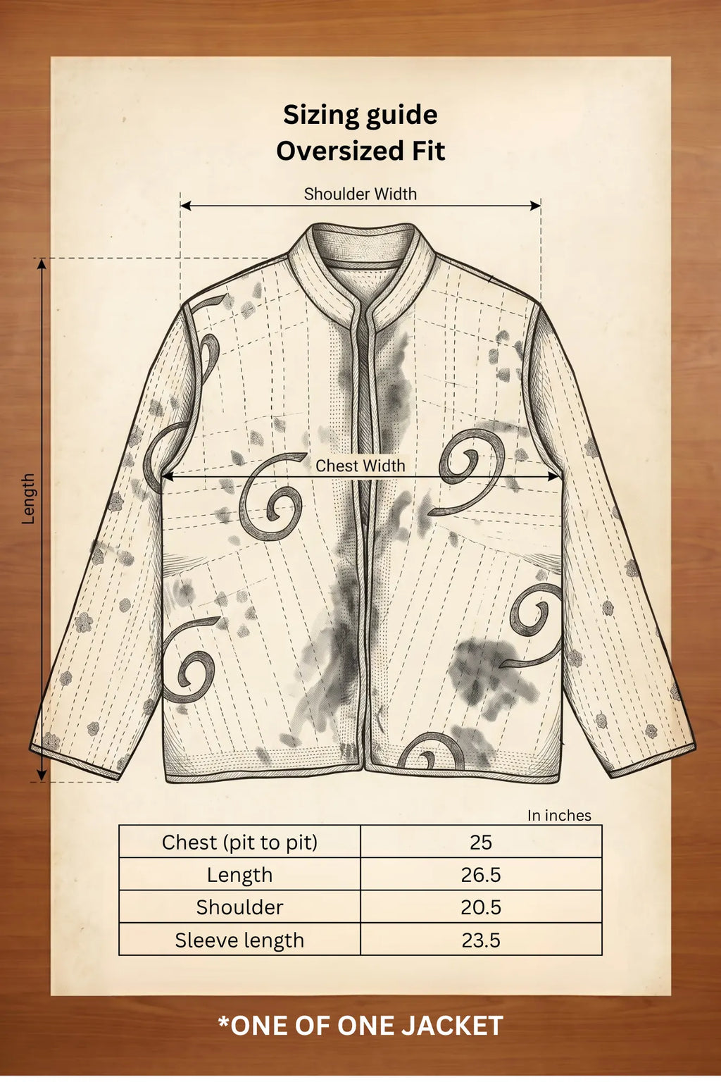 Pratima Indigo jacket sizing guide — oversized fit with measurements in inches