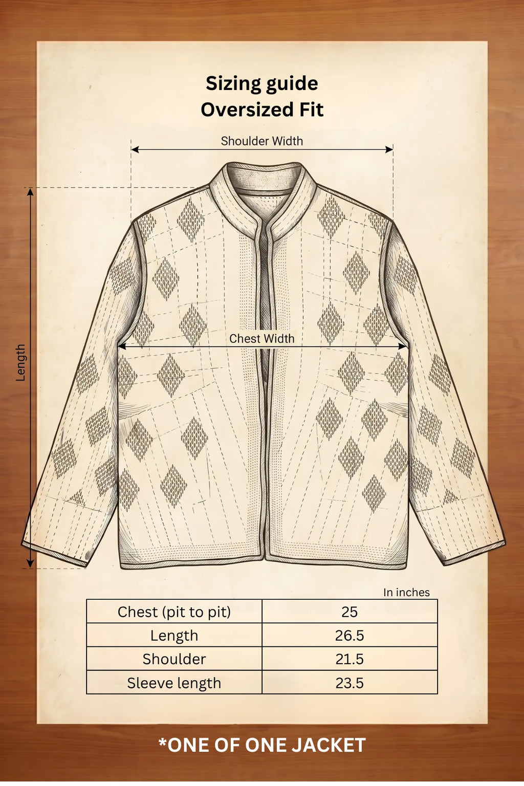 Pratima jacket sizing guide — oversized fit with measurements in inches