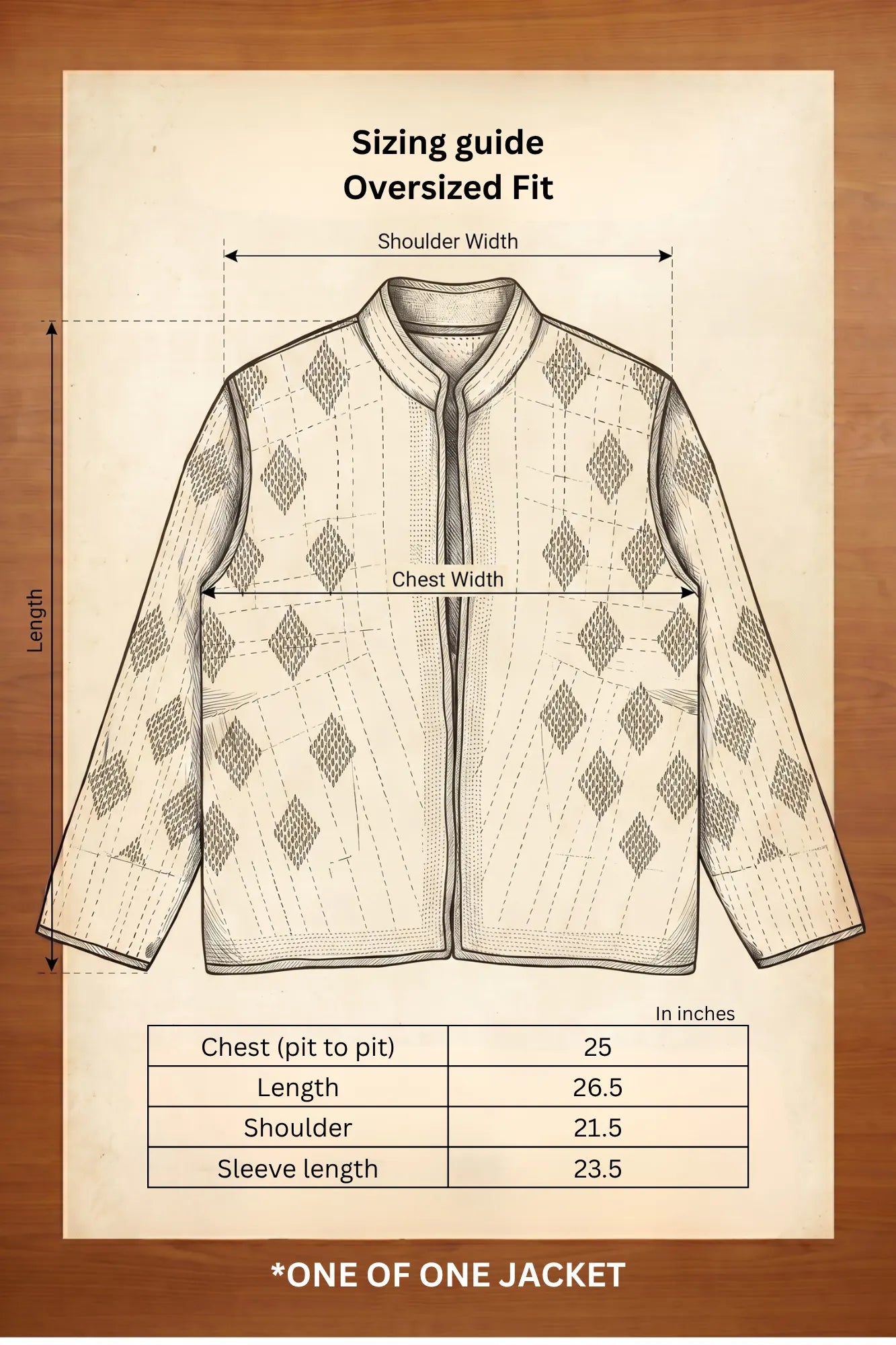 Pratima jacket sizing guide — oversized fit with measurements in inches