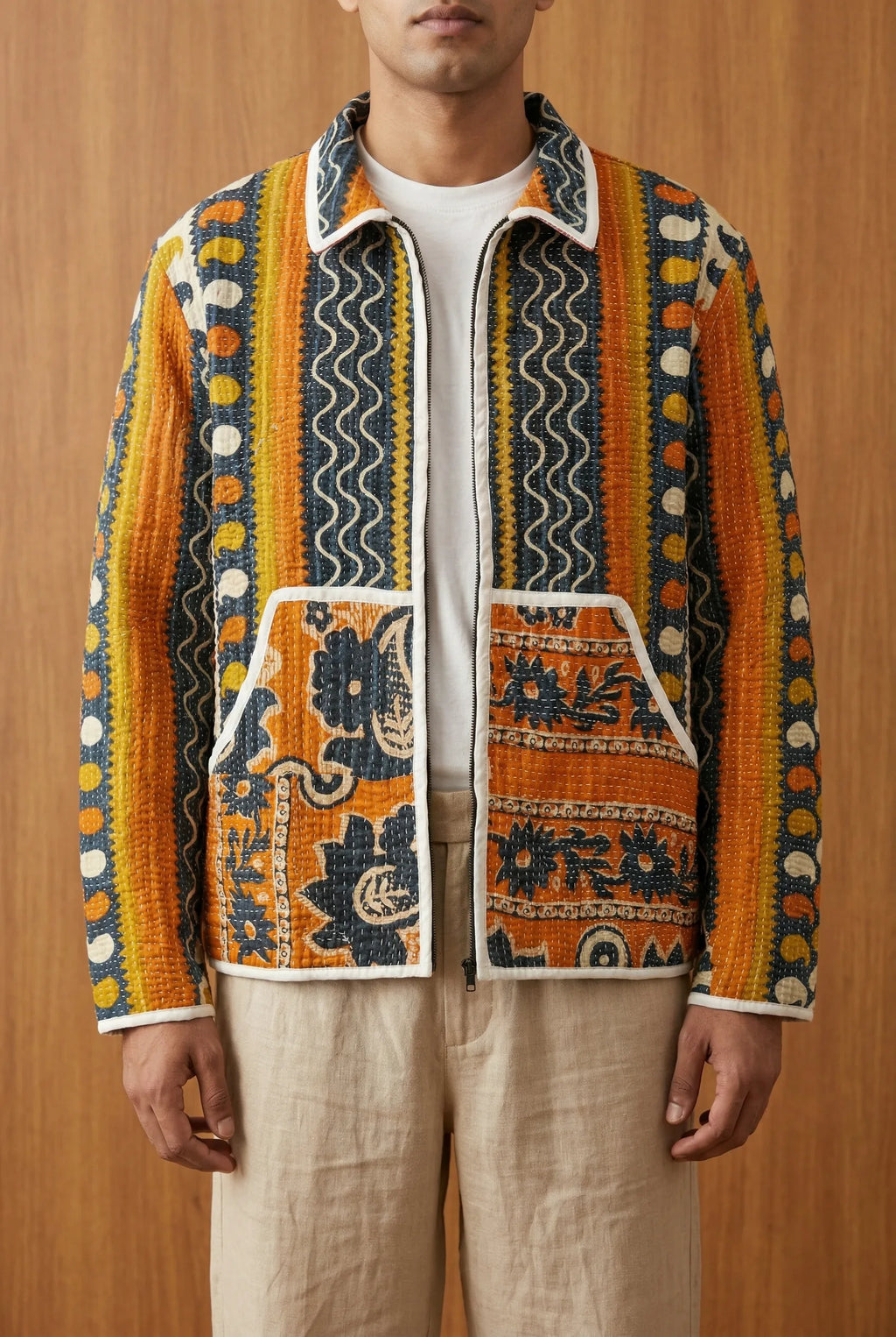 Model wearing Kazi kantha jacket — vibrant multicolour folk side, heavyweight Indian outerwear