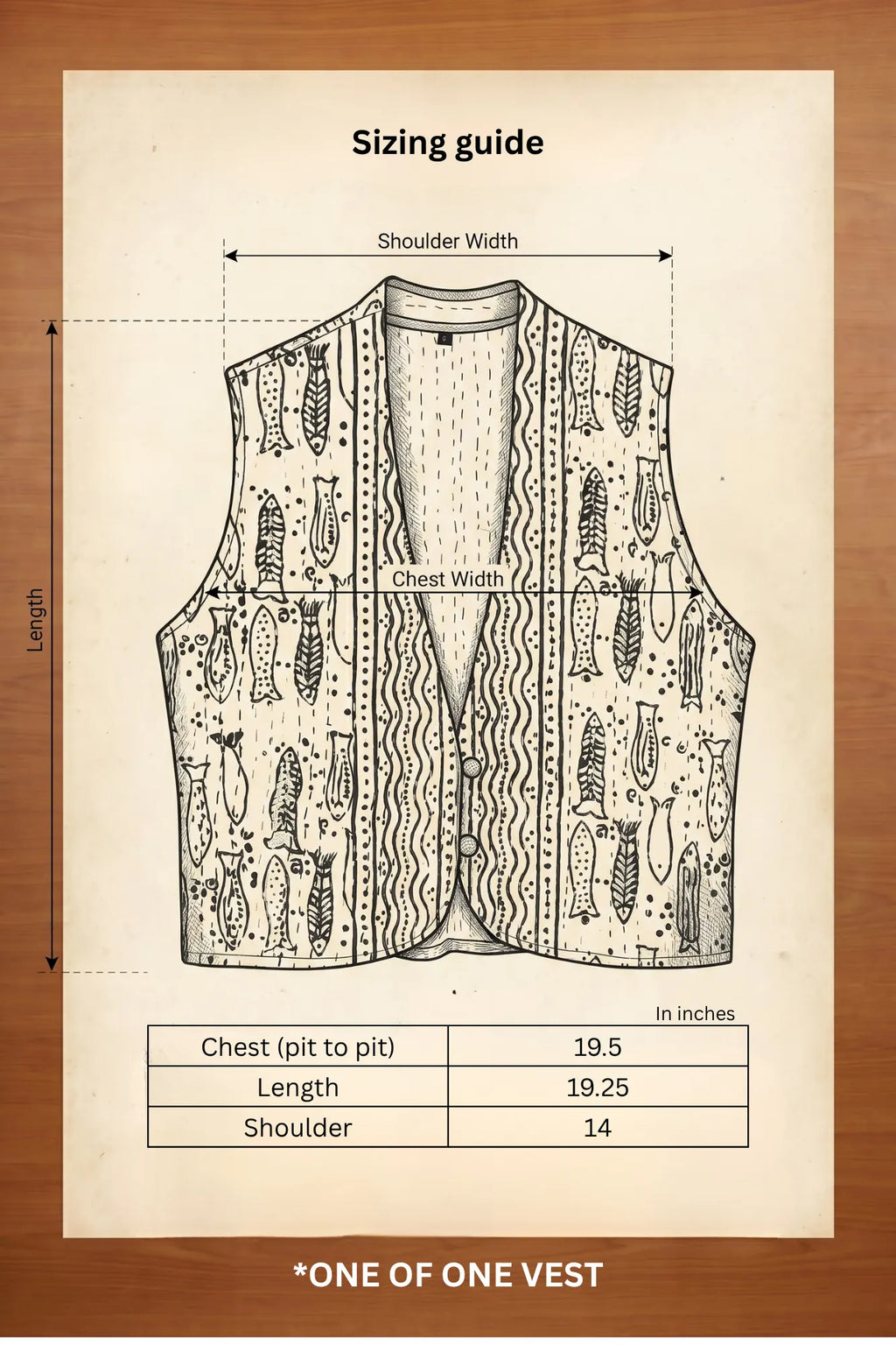 Pratima kantha vest sizing guide with measurements in inches