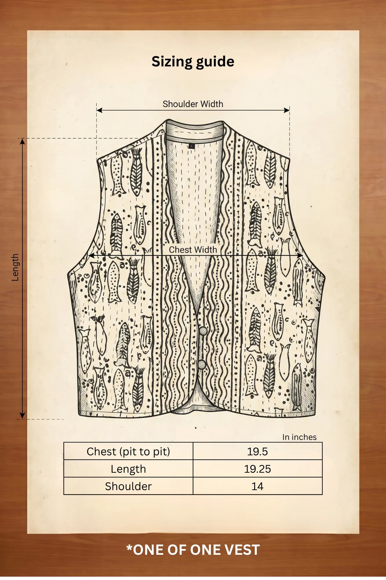 Pratima kantha vest sizing guide with measurements in inches