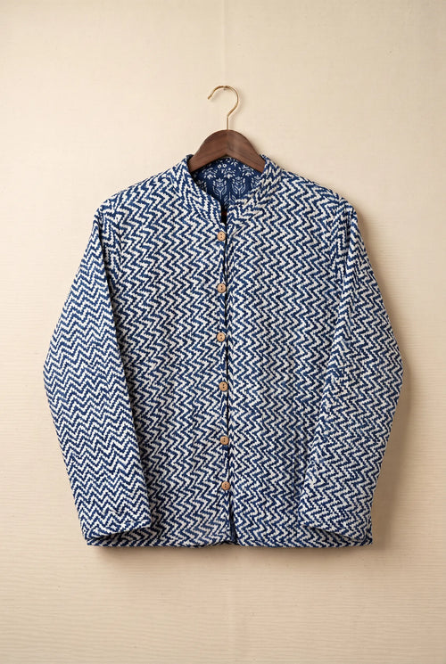 Chhipa reversible jacket — reverse side with zigzag hand block-print on Indian cotton hanger