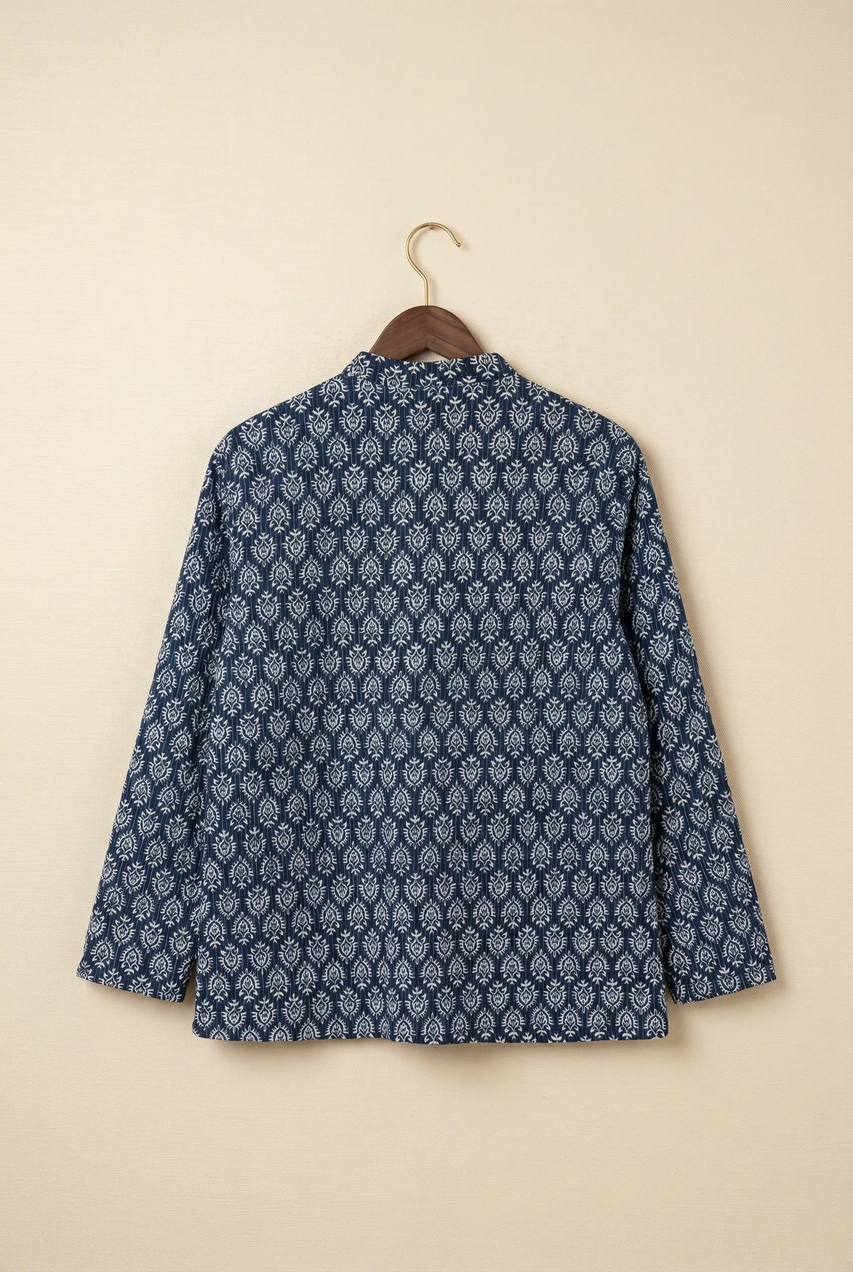 Chhipa reversible jacket — back of blue hand block-printed Indian cotton side