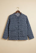 Chhipa reversible jacket — front view, hand block-printed blue floral pattern on Indian cotton