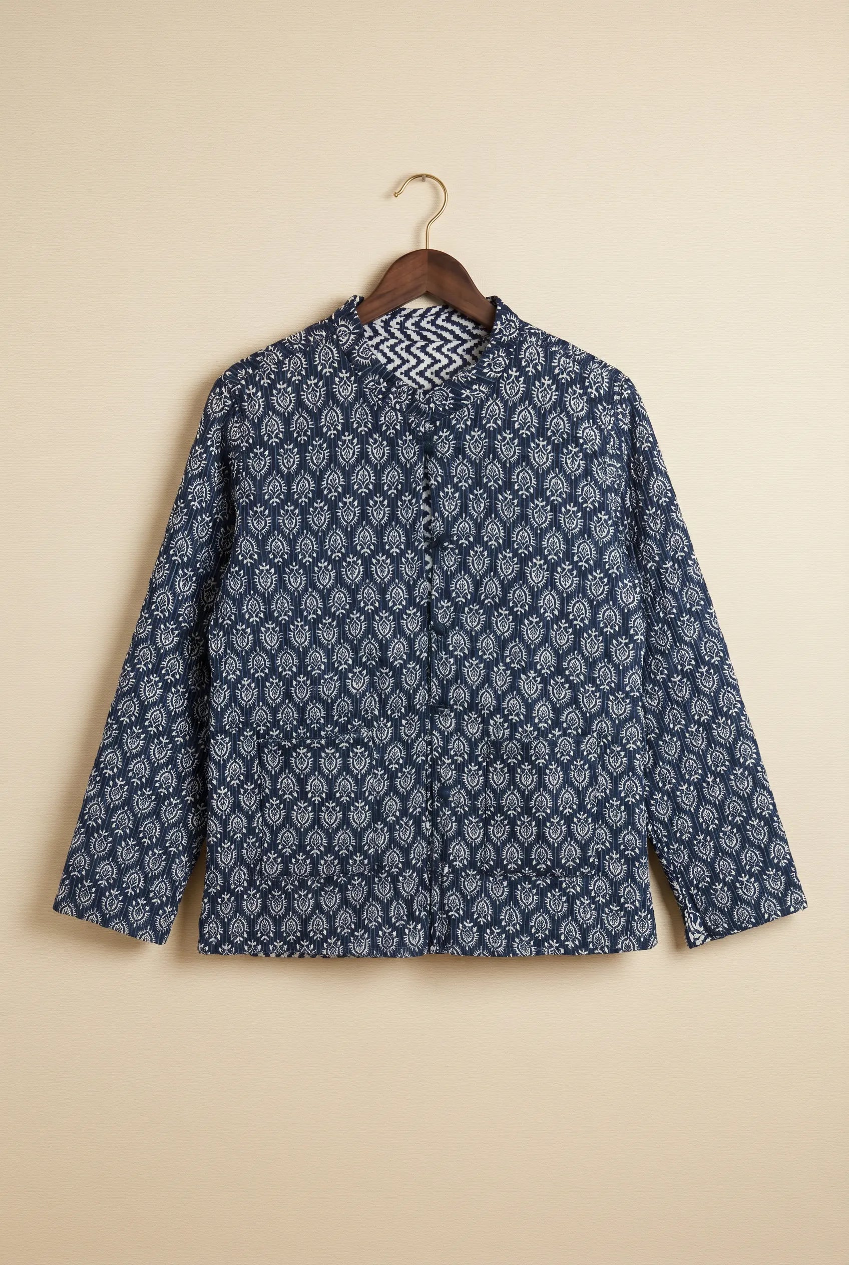 Chhipa reversible jacket — front view, hand block-printed blue floral pattern on Indian cotton