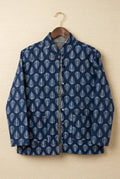 Chhipa quilted jacket — front view, hand block-printed navy leaf pattern on Indian cotton