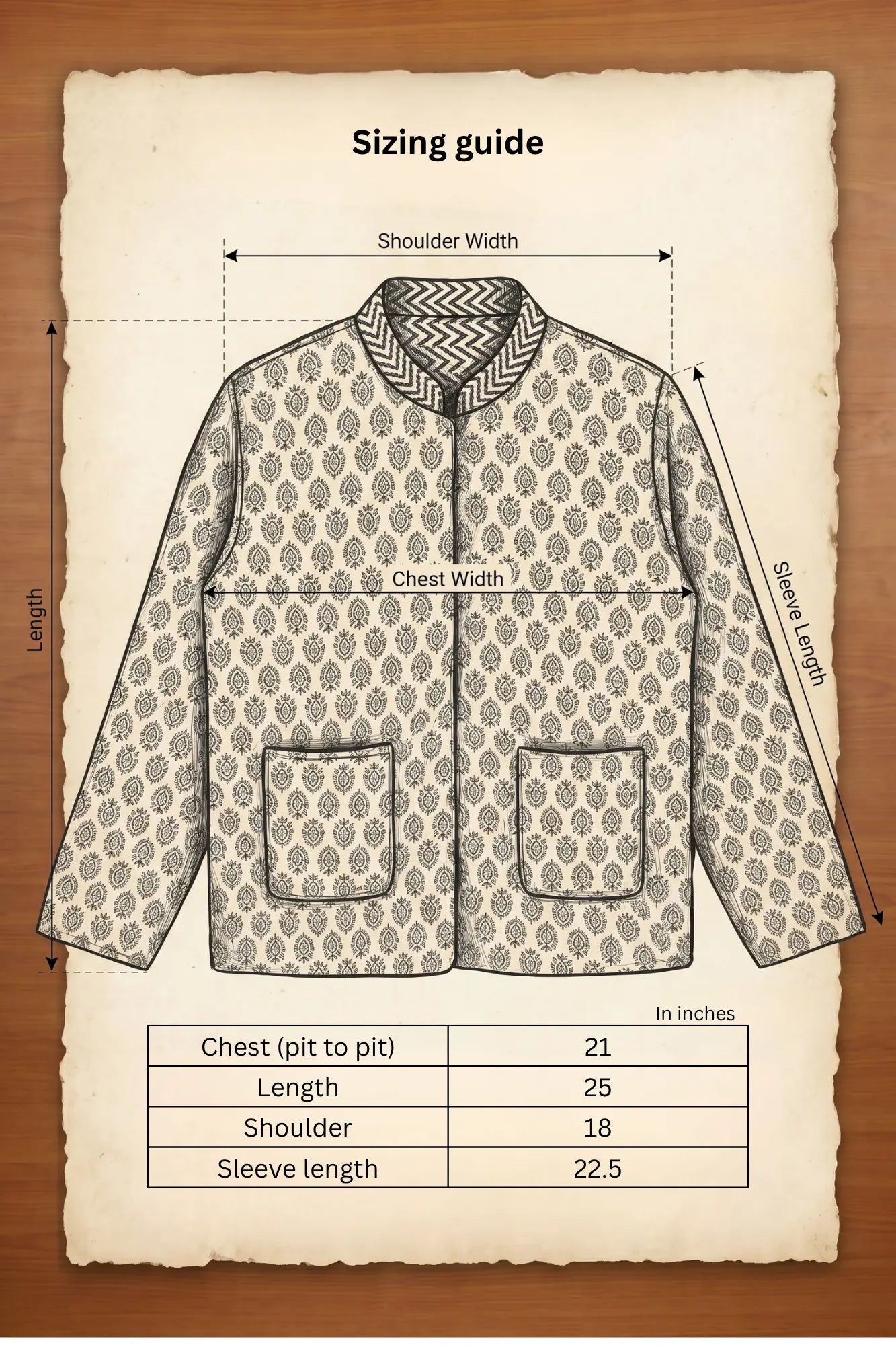 Chhipa reversible jacket sizing guide with measurements in inches