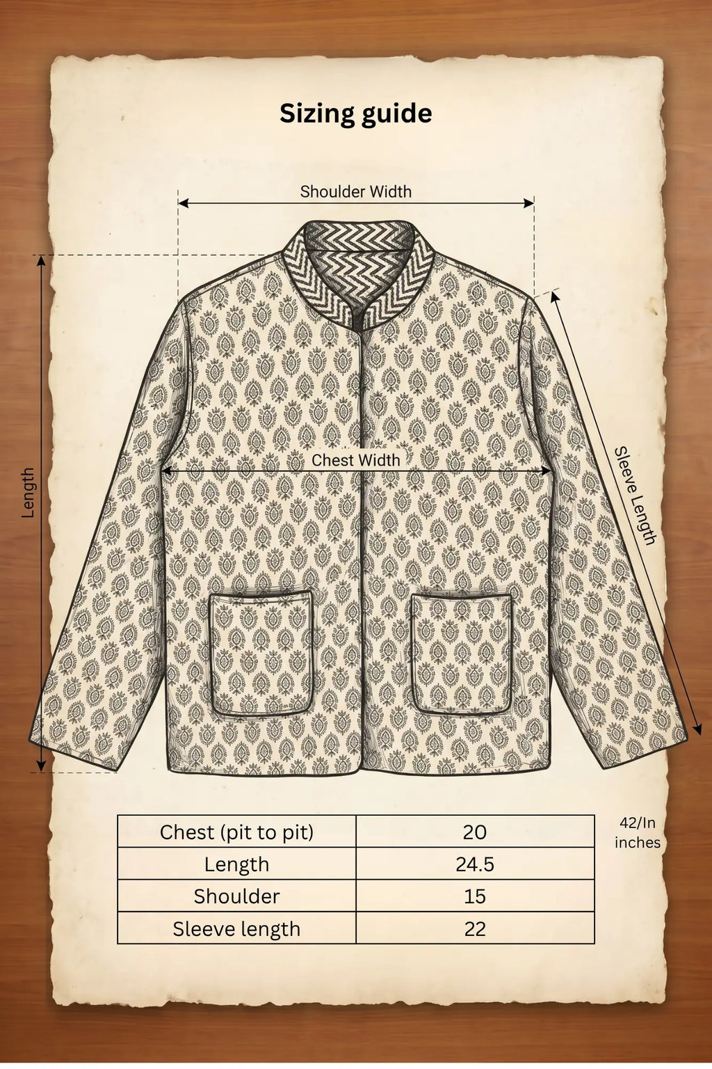 Chhipa jacket sizing guide with measurements in inches