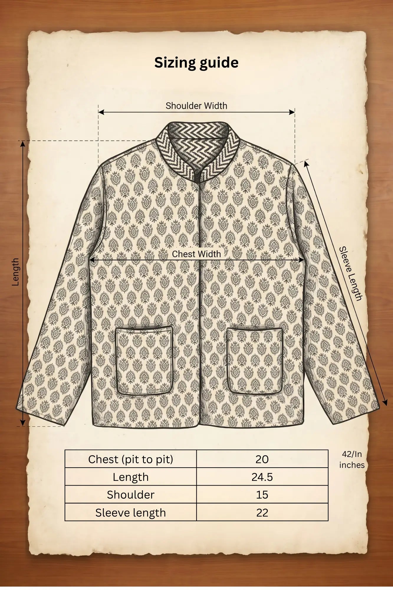 Chhipa jacket sizing guide with measurements in inches